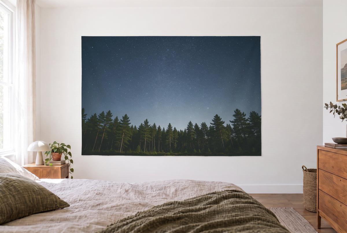 Wandtuch Sternenhimmel über Kiefernwald im hellen Schlafzimmer gegenüber dem Bett, rechts eine Holzkommode – Blau Grün