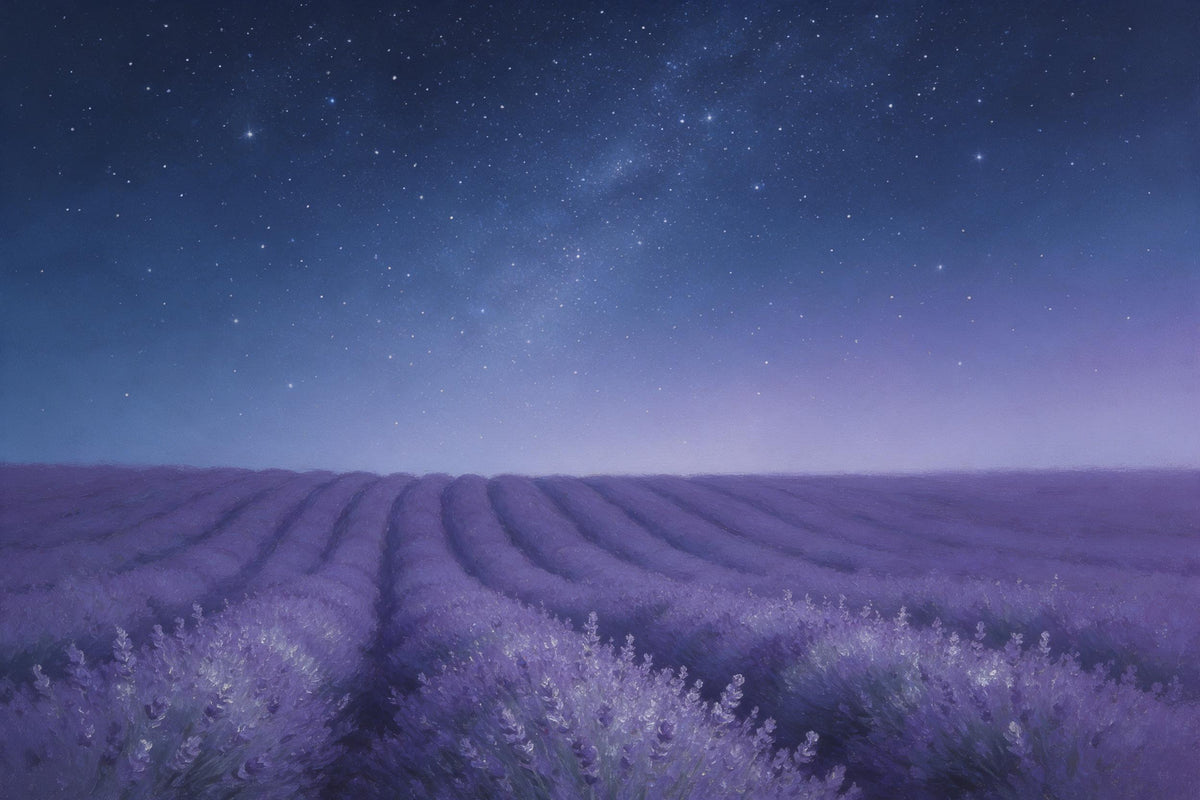 Lavendelfeld unter Sternenhimmel mit violetten Reihen zum Horizont, als Wandtuch, auf Stoff gedruckt – Blau und Violett