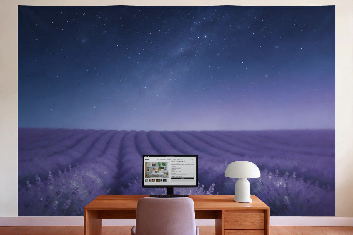 Decoración de pared en la oficina detrás del escritorio: tapiz de tela Cielo estrellado sobre campo de lavanda
