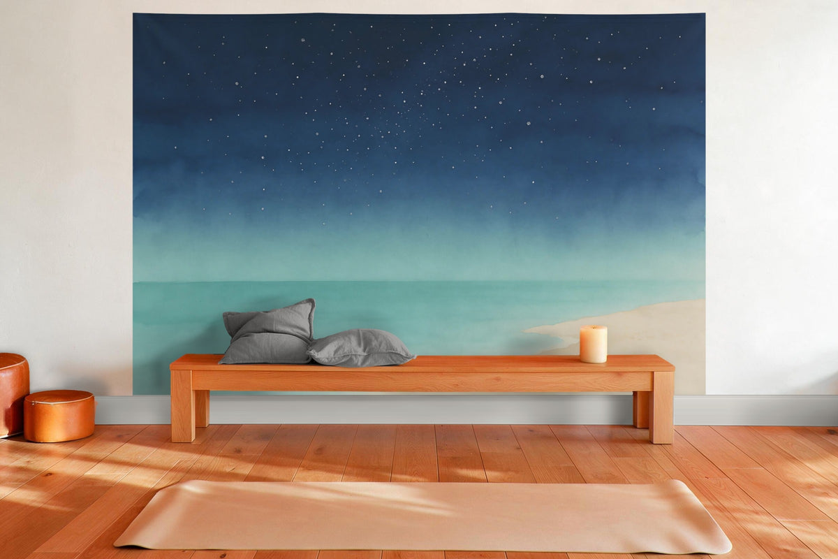 Tapiz de pared XXL Cielo estrellado sobre el mar como decoración en una sala de yoga