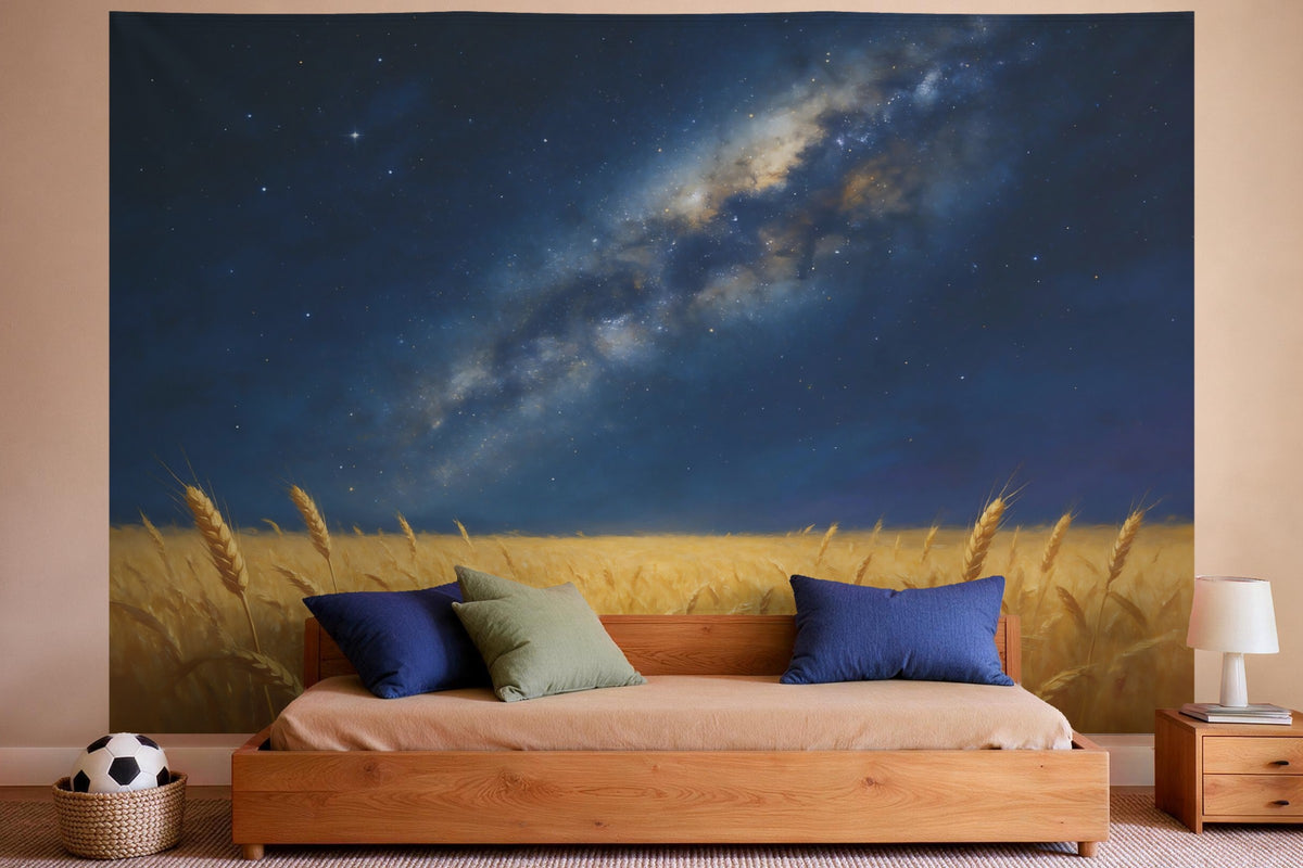 Decoración de pared en un dormitorio de niño: tapiz de tela Cielo estrellado sobre campo de trigo