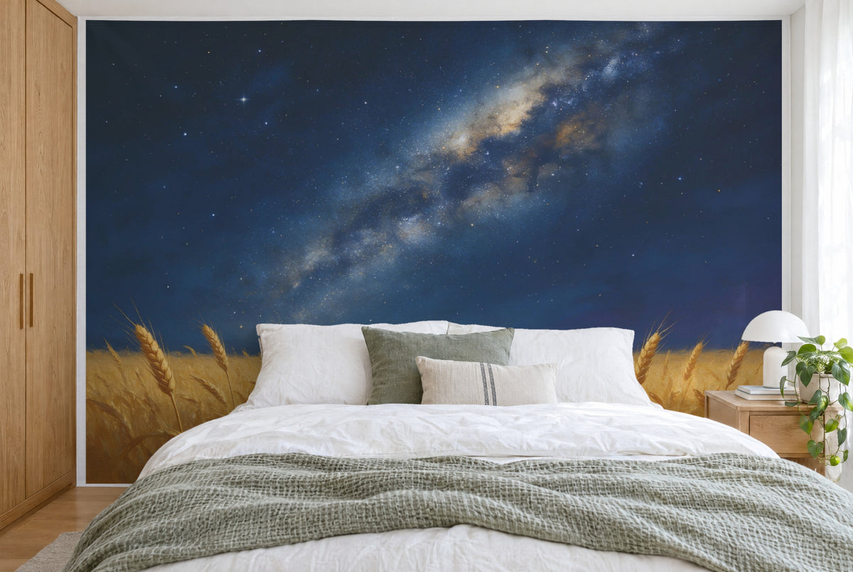 XXL printed fabric: Milky Way over the wheat field left of center, golden ears, filling the wall behind the bed