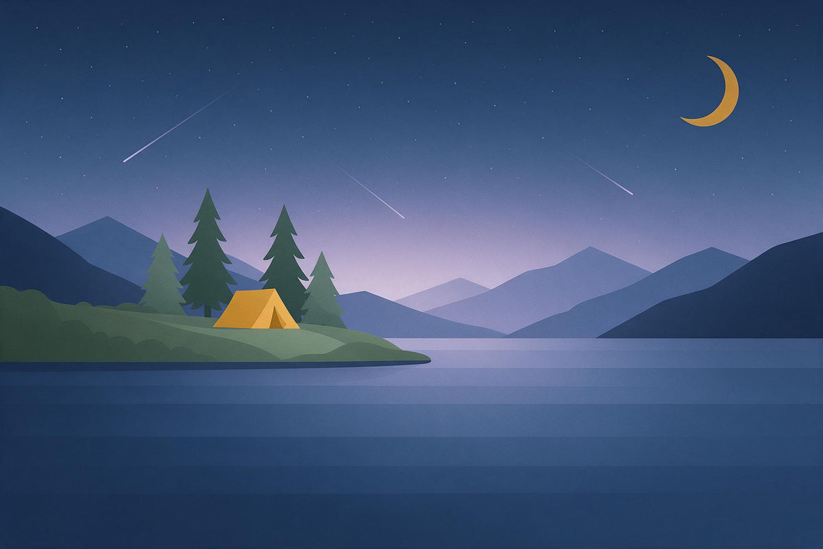 Sternenhimmel: Zelt am Bergsee unter Sternschnuppen und Mondsichel, als Wandtuch, auf Stoff gedruckt – Blau und Gelb