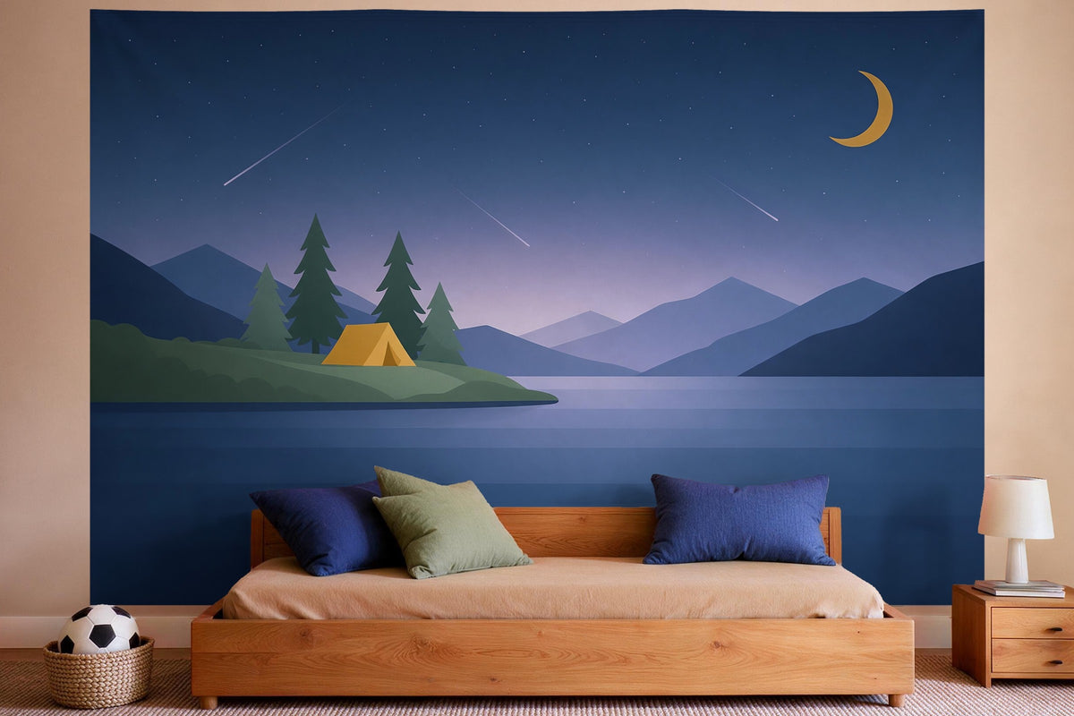 Wall decor in a boys' bedroom: printed fabric tapestry Starry Sky with Shooting Stars over the Campsite