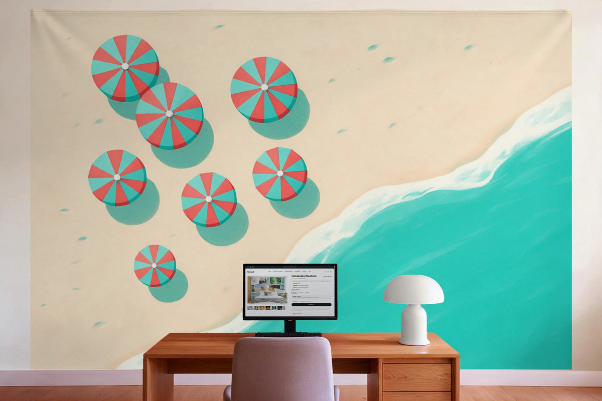 Wall decor in a home office behind the desk: printed fabric tapestry Beach with Umbrellas from Above