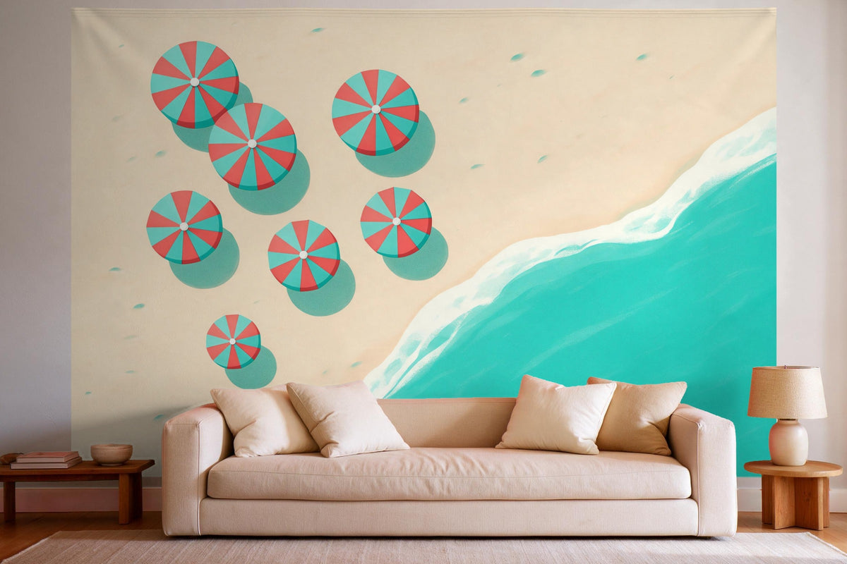 XXL wall tapestry Beach with Umbrellas from Above as wall decor in a bright living room above the sofa