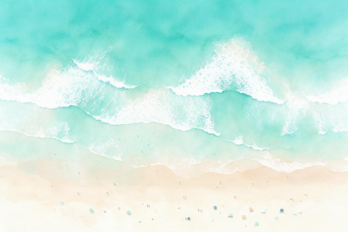 Strand von oben mit Wellen, weissem Schaum und Sonnenschirmen in Aquarell, als Wandtuch, auf Stoff gedruckt – Türkis