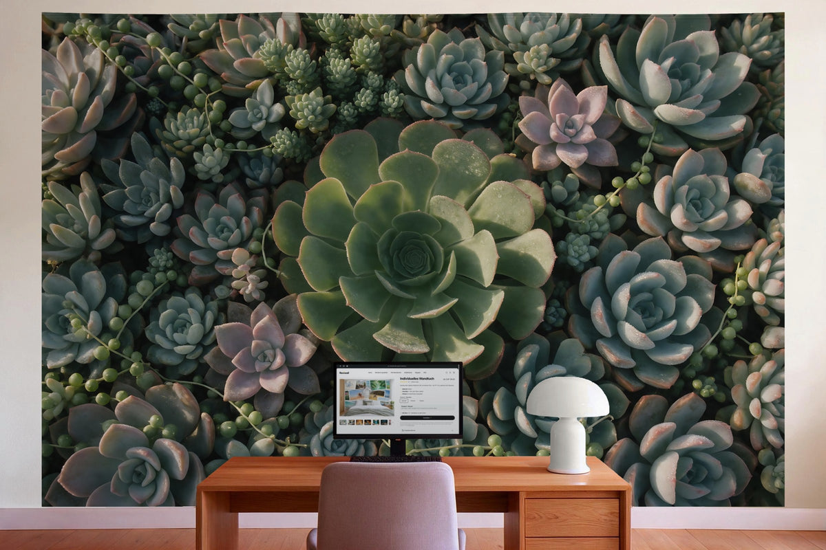 Decoración de pared en la oficina detrás del escritorio: tapiz de tela Suculentas desde arriba