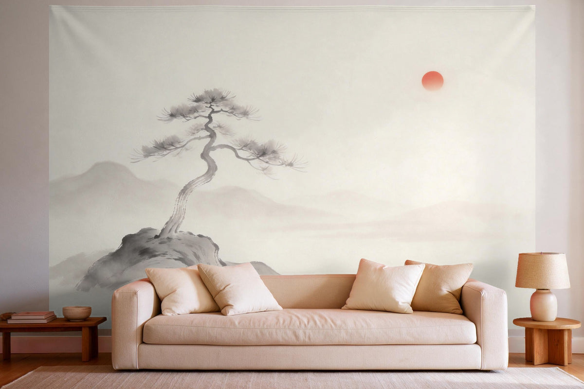 Déco murale dans un salon lumineux au-dessus du canapé : tenture murale Pin dans la brume, imprimée sur tissu