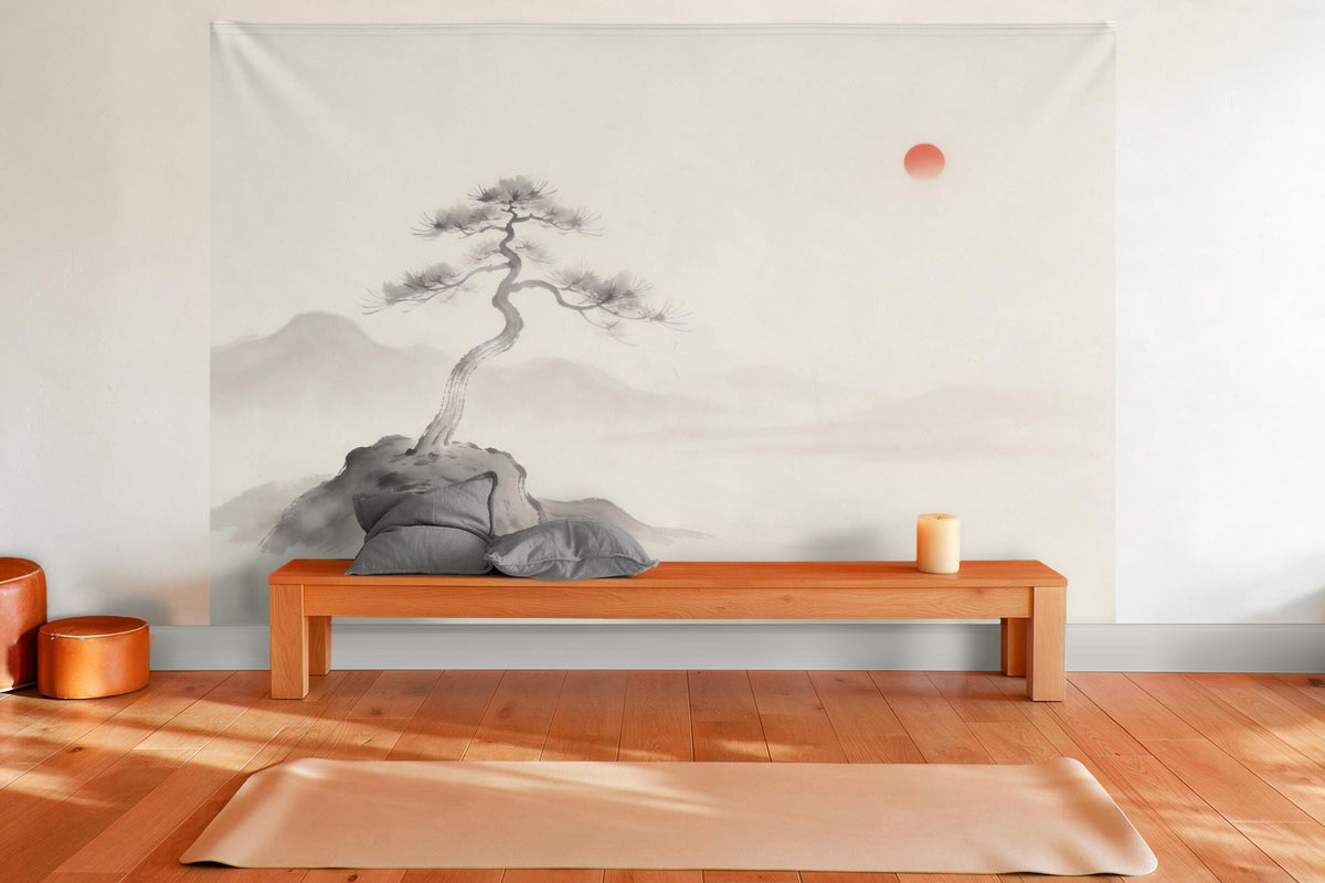 Tenture murale XXL Pin dans la brume en déco murale dans une salle de yoga