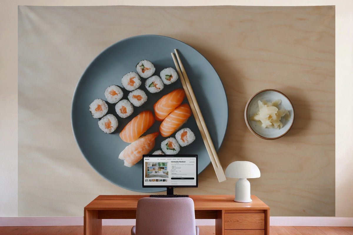 Wanddeko im Büro hinter dem Schreibtisch: Wandtuch Sushi-Auswahl von oben, auf Stoff gedruckt