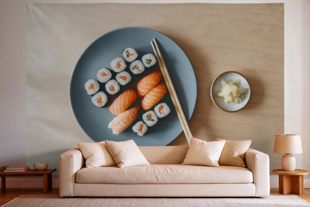 Wandtuch XXL Sushi-Auswahl von oben als Wanddeko im hellen Wohnzimmer über dem Sofa