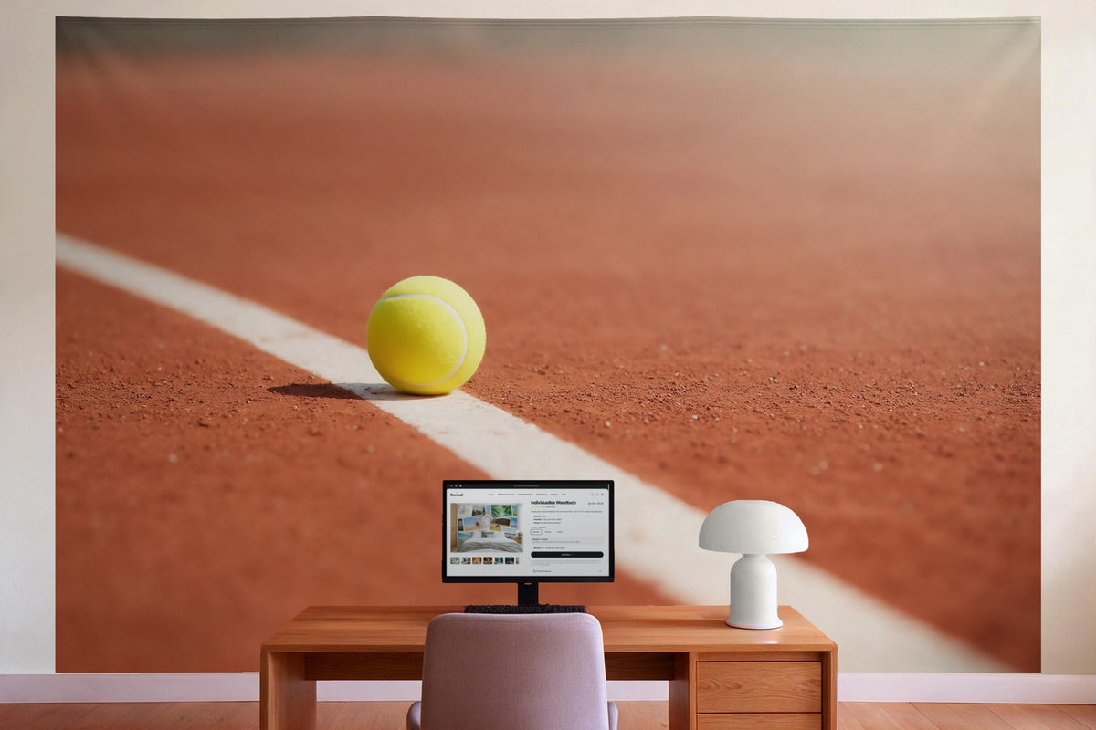 Wanddeko im Büro hinter dem Schreibtisch: Wandtuch Tennisball auf dem Sandplatz, auf Stoff gedruckt