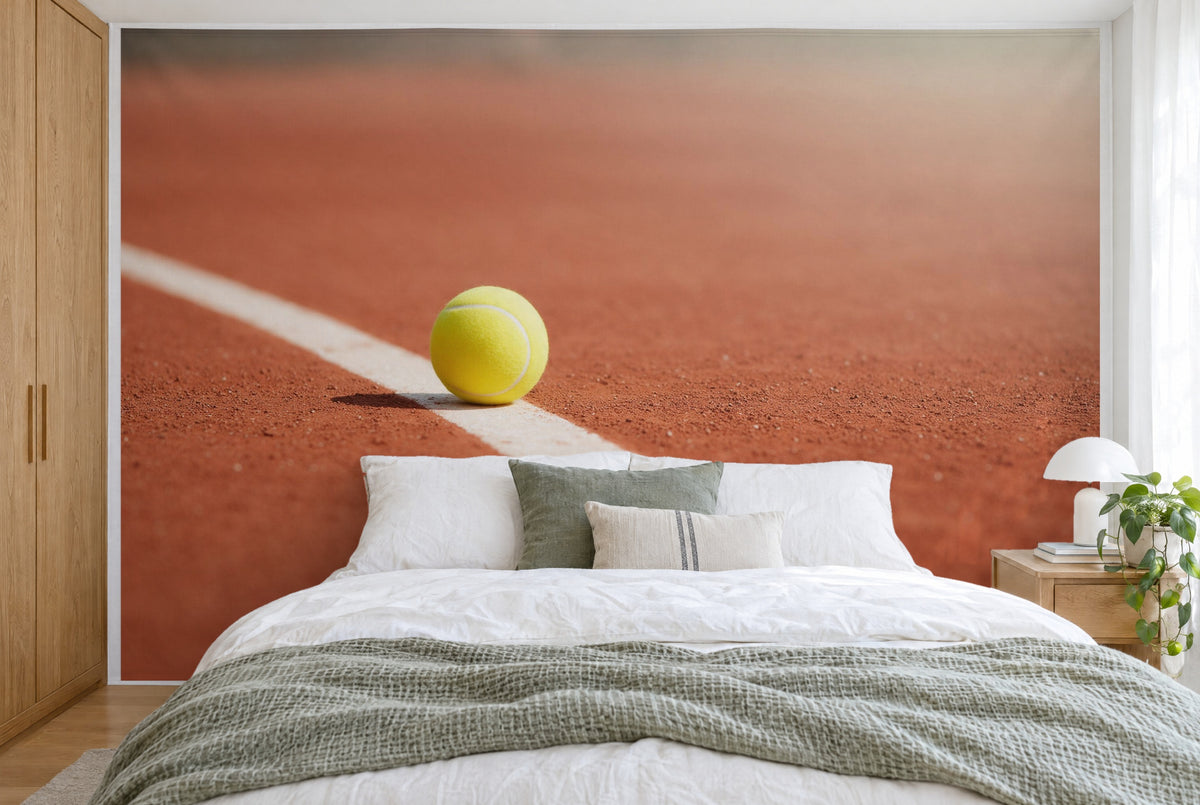 Tissu imprimé XXL : balle de tennis jaune à gauche sur ligne blanche dans l'argile rouge, couvrant le mur derrière le lit