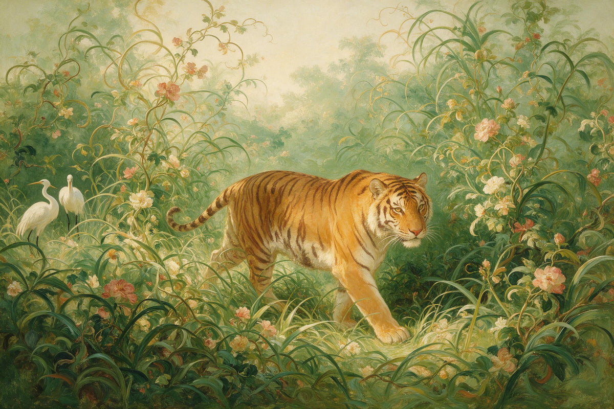 Tigre entre enredaderas en flor rosas y hierba alta, dos garzas a la izquierda, tapiz impreso en tela – verde y naranja