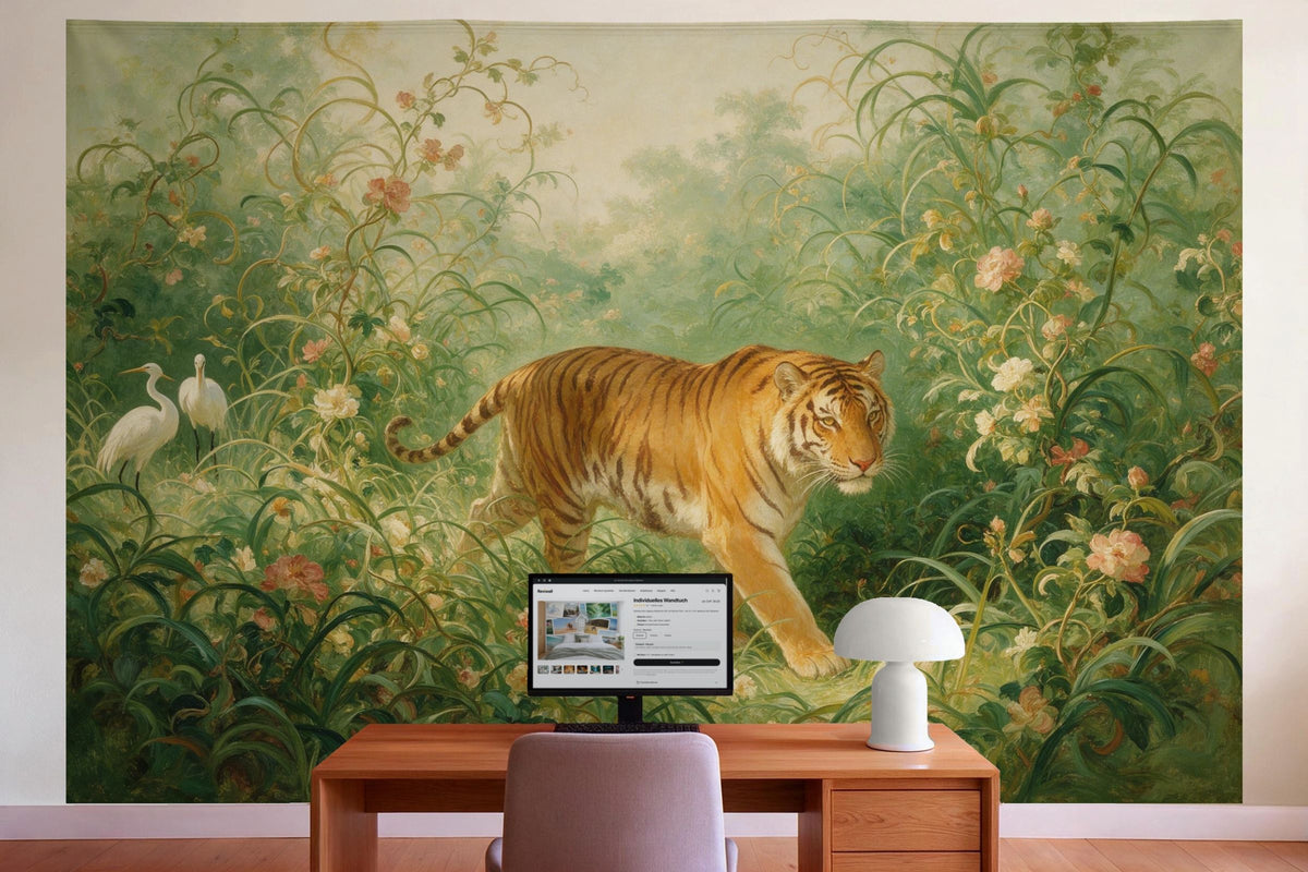 Wall decor in a home office behind the desk: printed fabric tapestry Tiger Among Flowering Vines