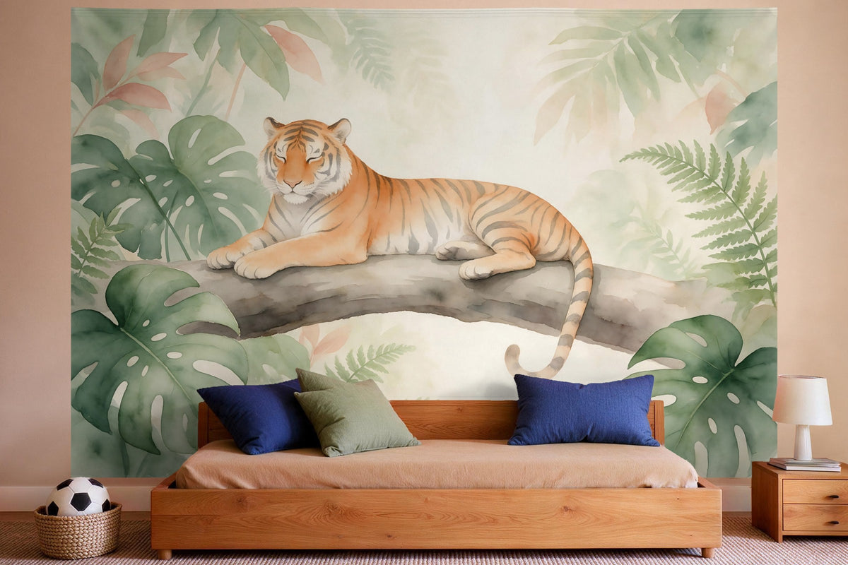 Decoración de pared en un dormitorio de niño: tapiz de tela Tigre en la selva como acuarela
