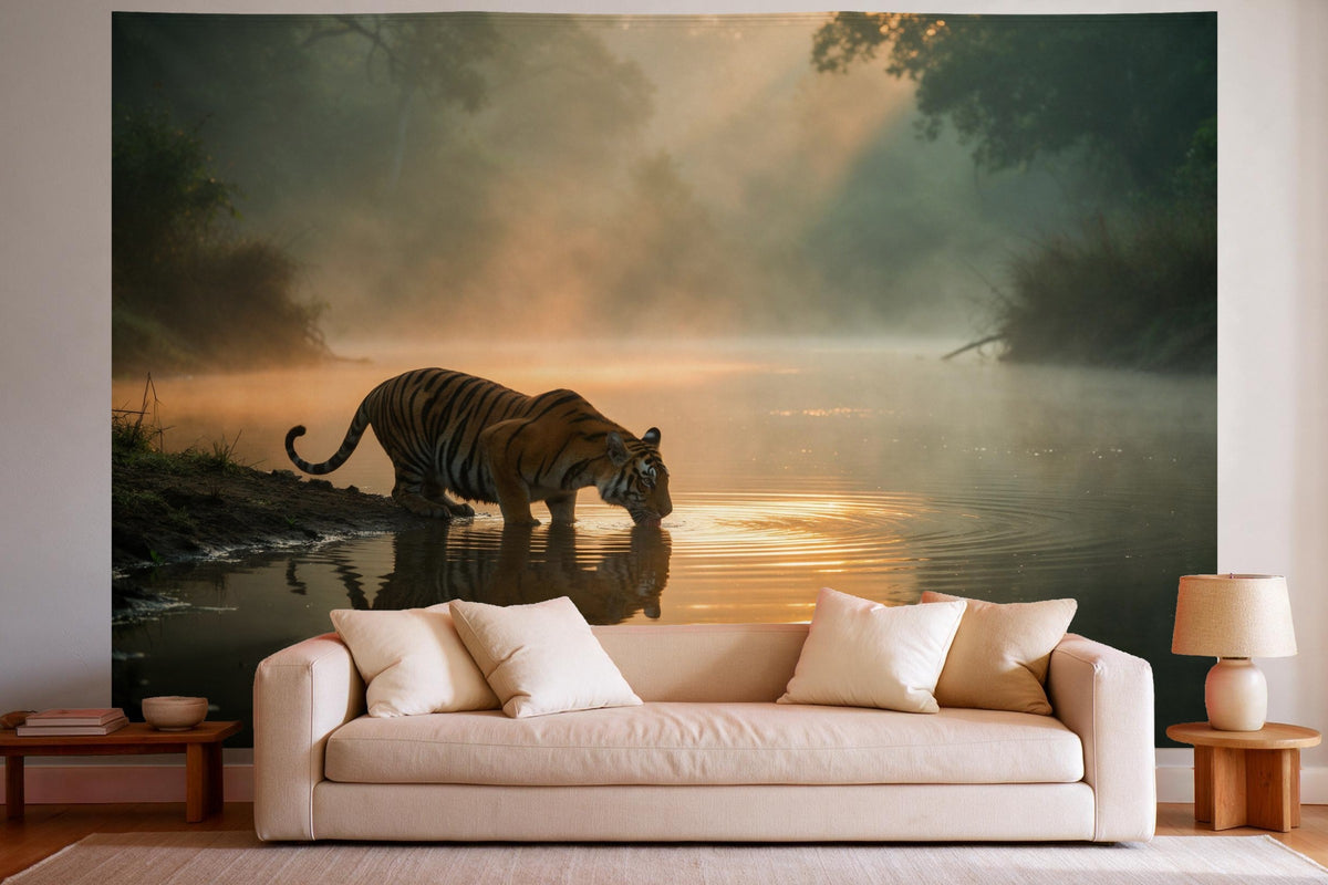 Decoración de pared en un salón luminoso sobre el sofá: tapiz de tela Tigre en la niebla matinal junto al río