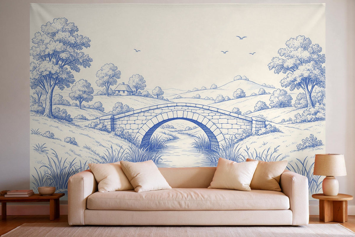 Wall decor in a bright living room above the sofa: printed fabric tapestry Toile de Jouy with Stone Bridge in Blue