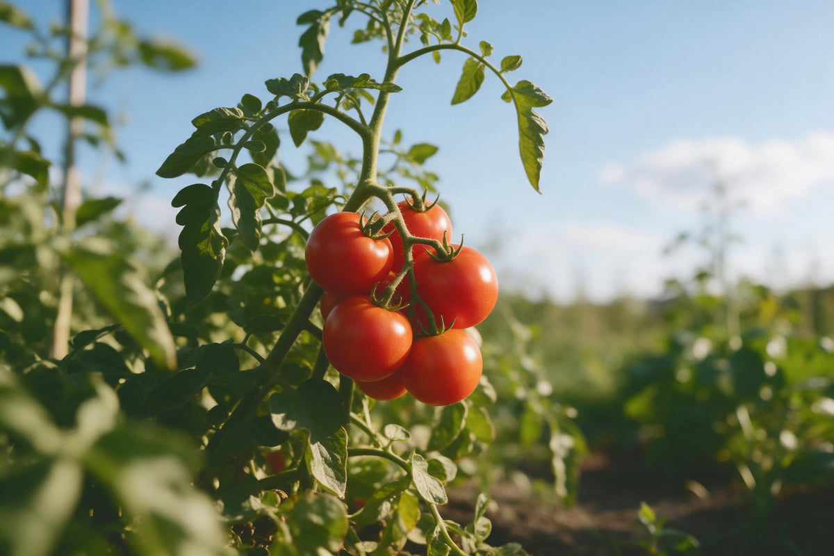 Reife rote Tomaten in einer Rispe an der grünen Staude vor hellblauem Himmel, als Wandtuch, auf Stoff gedruckt – Rot und Grün
