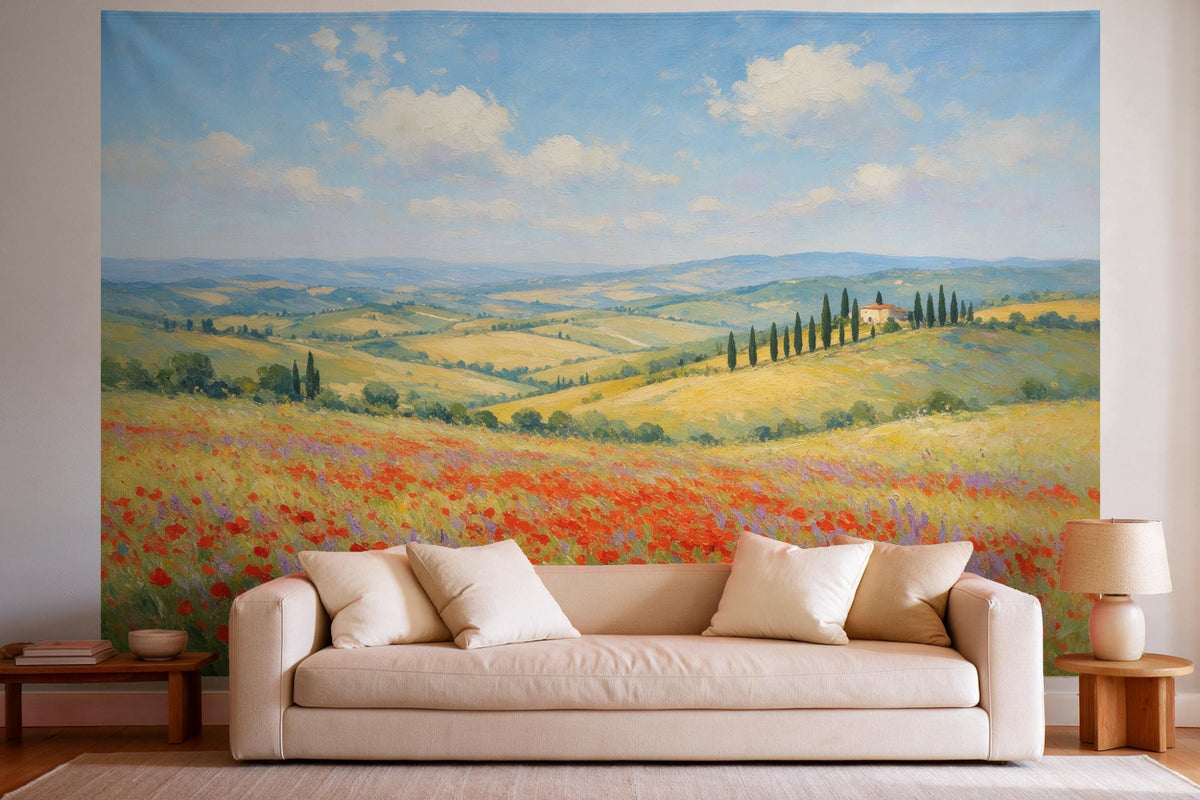 Wandtuch XXL Toskana-Landschaft in Öl als Wanddeko im hellen Wohnzimmer über dem Sofa