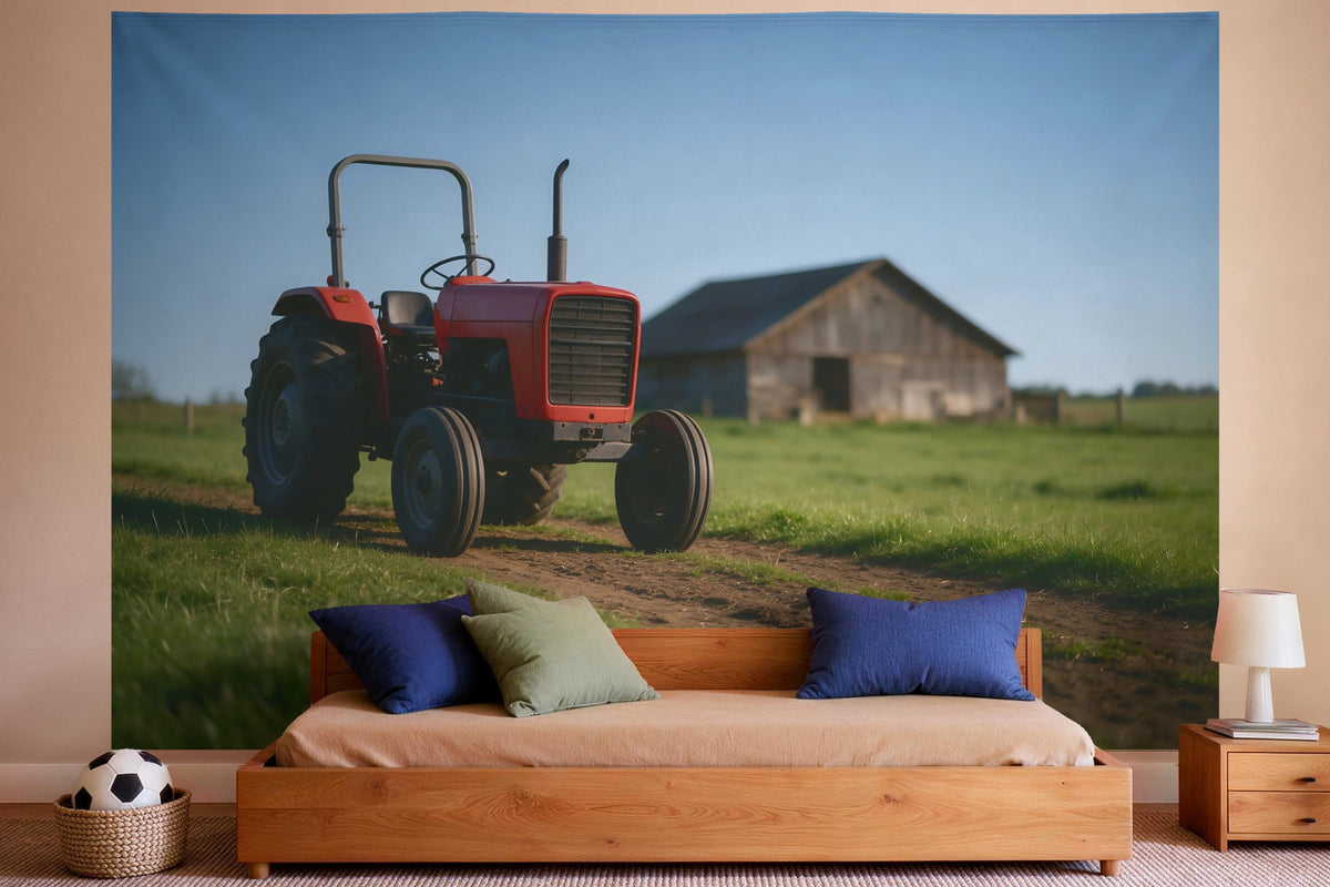 XXL wall tapestry Red Tractor on the Farm as wall decor in a boys' bedroom