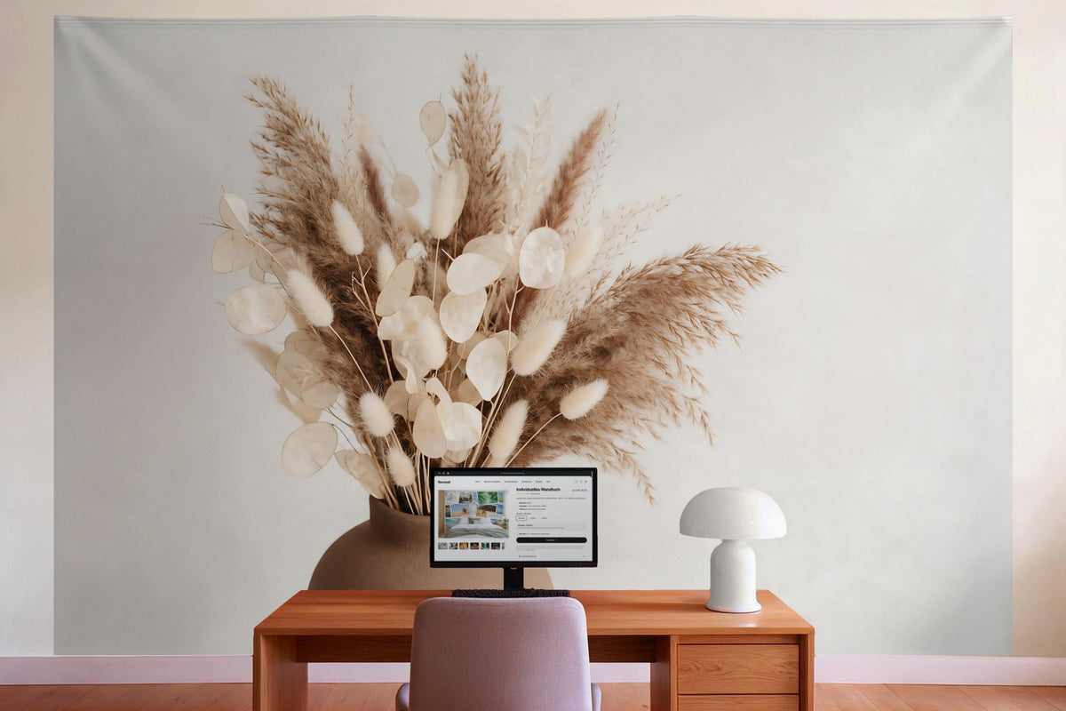 Wall decor in a home office behind the desk: printed fabric tapestry Dried Flowers in a Clay Vase
