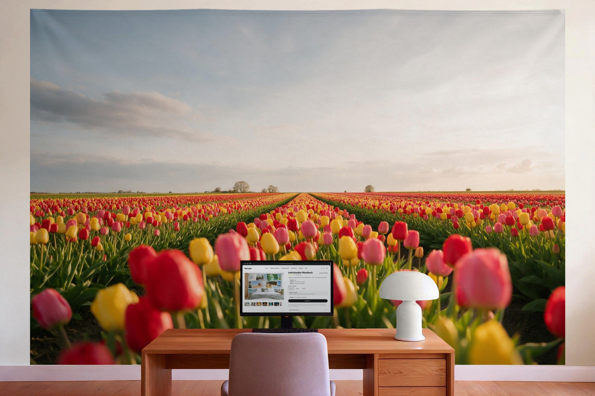 Wanddeko im Büro hinter dem Schreibtisch: Wandtuch Tulpenfeld im Frühling, auf Stoff gedruckt