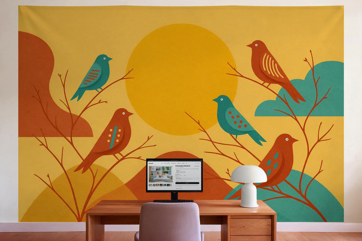 Decoración de pared en la oficina detrás del escritorio: tapiz de tela Pájaros al sol en estilo mid-century