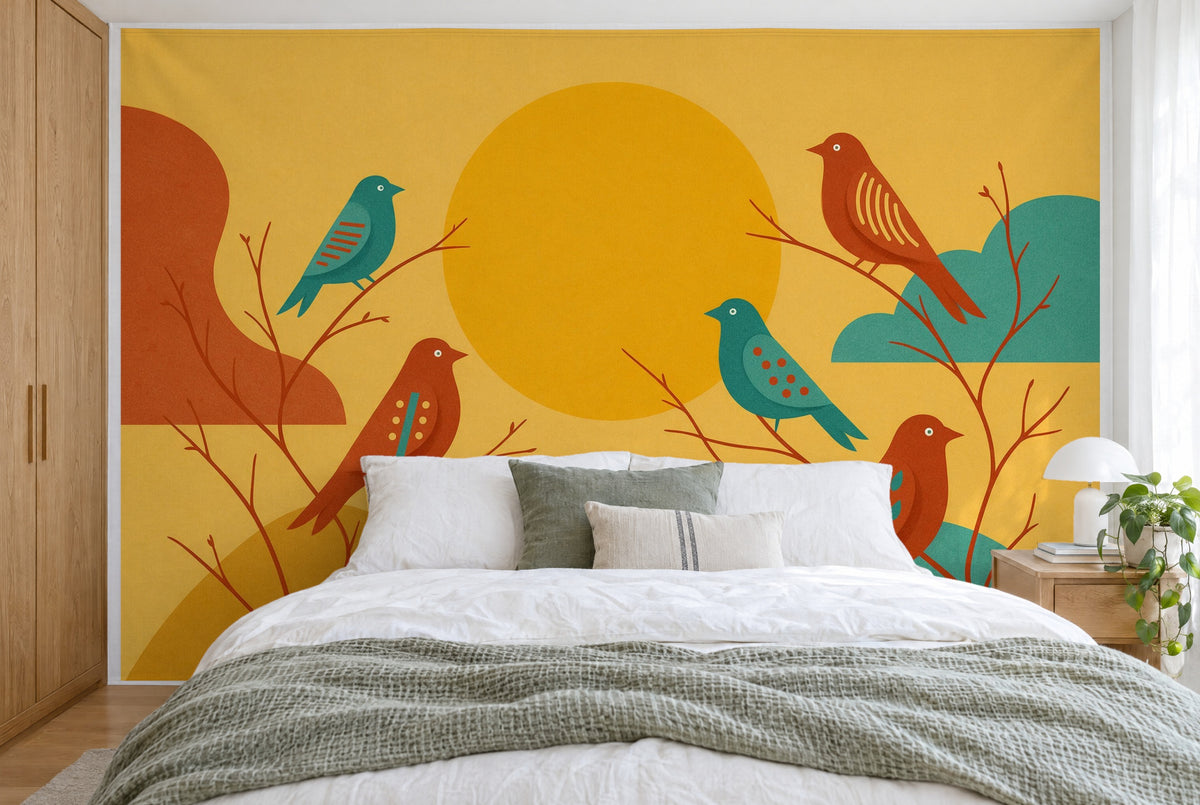 Tapiz de pared grande Pájaros al sol en estilo mid-century en el dormitorio, cubriendo la pared detrás de la cama – tela impresa