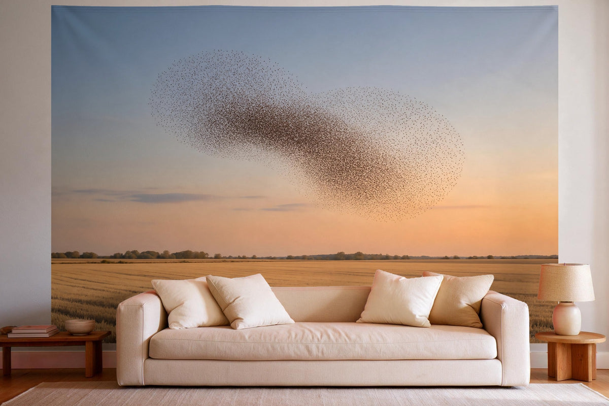 XXL wall tapestry Flock of Birds over the Stubble Field as wall decor in a bright living room above the sofa