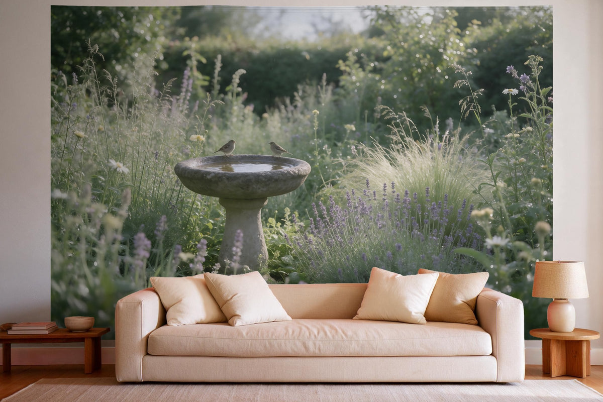 Tapiz de pared XXL Bebedero de pájaros en un jardín silvestre como decoración en un salón luminoso sobre el sofá