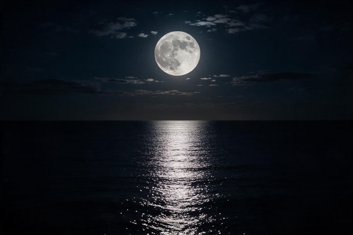 Grande pleine lune sur mer calme et chemin de lumière argenté la nuit, tenture murale imprimée sur tissu – noir et argent