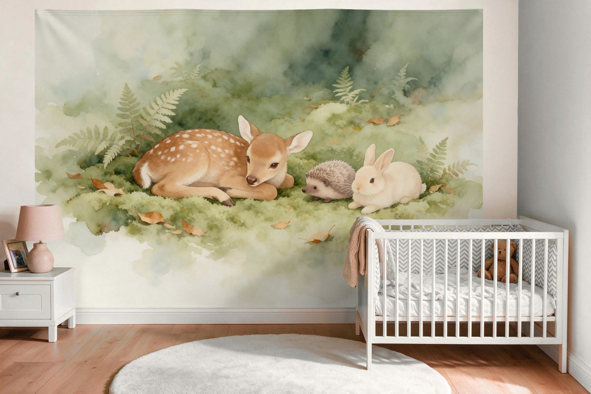 Wandtuch XXL Waldtiere im Moosbett als Wanddeko im Babyzimmer über dem Babybett