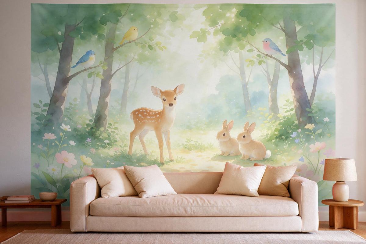 Decoración de pared en un salón luminoso sobre el sofá: tapiz de tela Animales del bosque en un bosque de ensueño