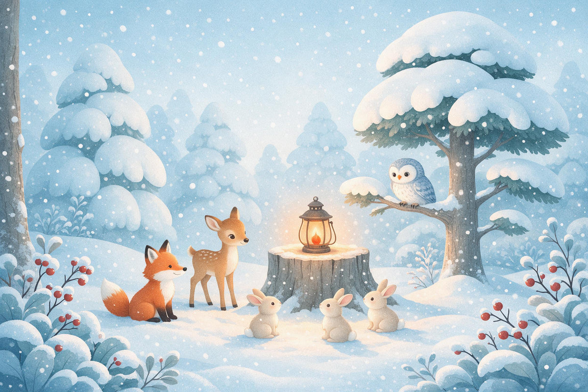 Woodland animals in the snow with fox, deer, three rabbits and owl around a lantern in a clearing, tapestry printed on fabric