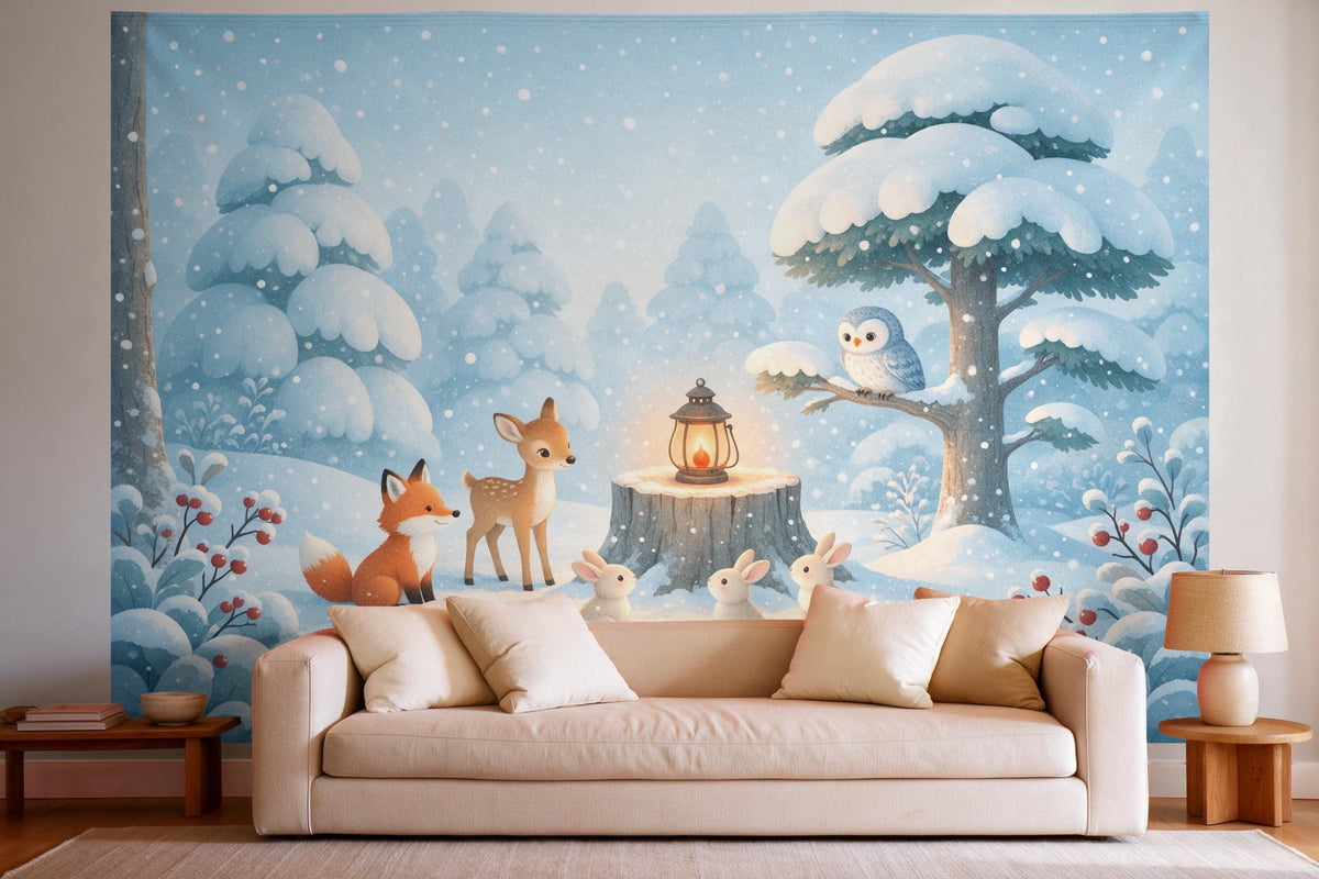 Wall decor in a bright living room above the sofa: printed fabric tapestry Storybook Woodland Animals in Winter