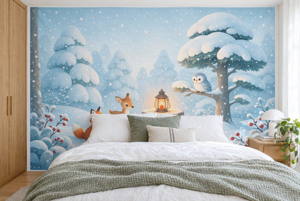 Large wall hanging Storybook Woodland Animals in Winter in the bedroom, wall-filling behind the bed – printed tapestry