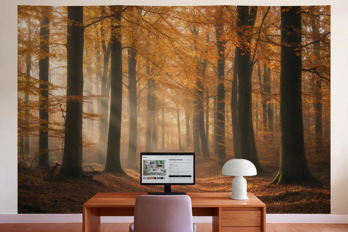 Wall decor in a home office behind the desk: printed fabric tapestry Forest Path in Autumn