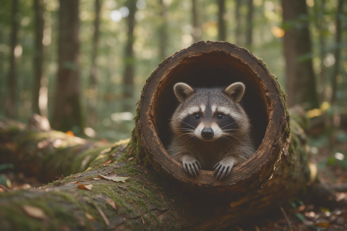 Waschbär schaut aus einem hohlen, bemoosten Baumstamm im Laubwald, als Wandtuch, auf Stoff gedruckt – Braun und Grün