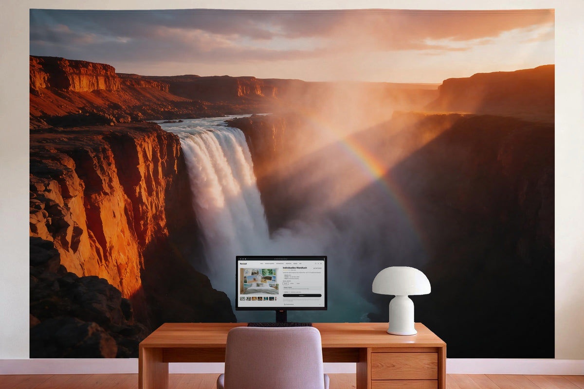 Decoración de pared en la oficina detrás del escritorio: tapiz de tela Cascada en un cañón ardiente