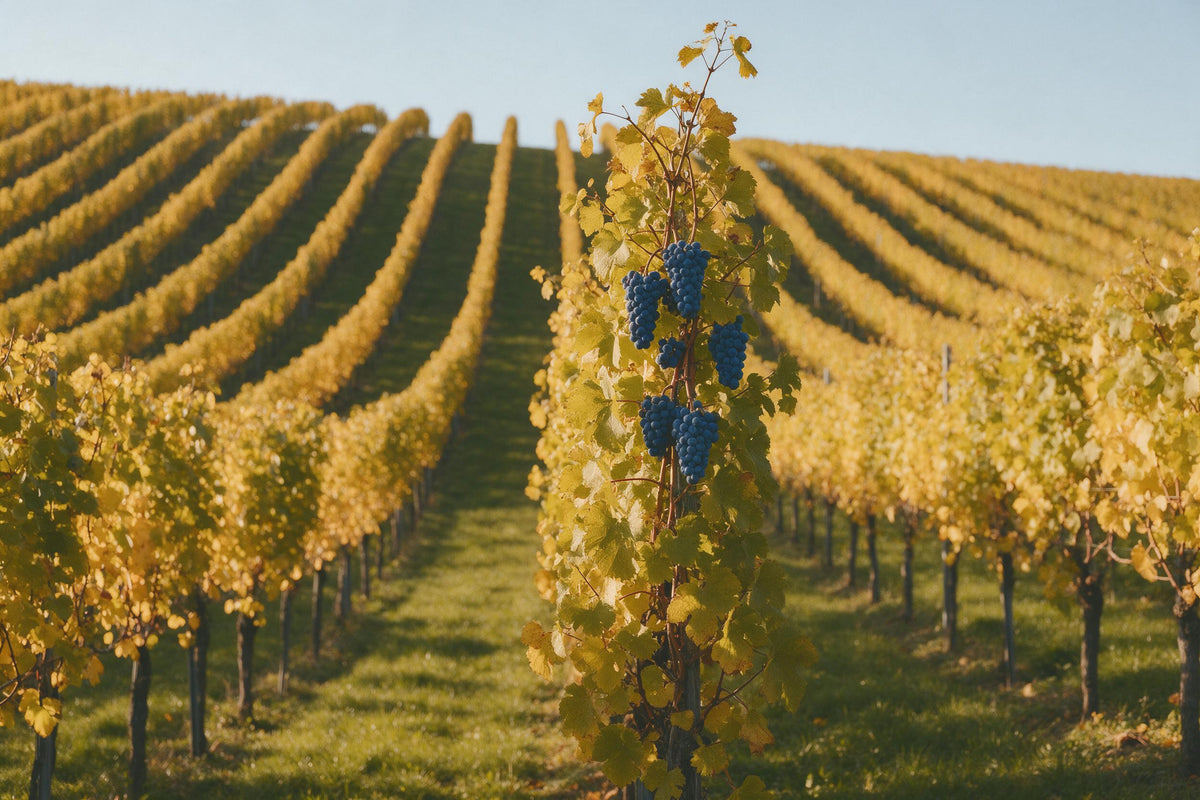 Vignoble en automne, rangs de vignes jaune doré et raisins bleus à droite, tenture murale imprimée sur tissu – jaune et vert