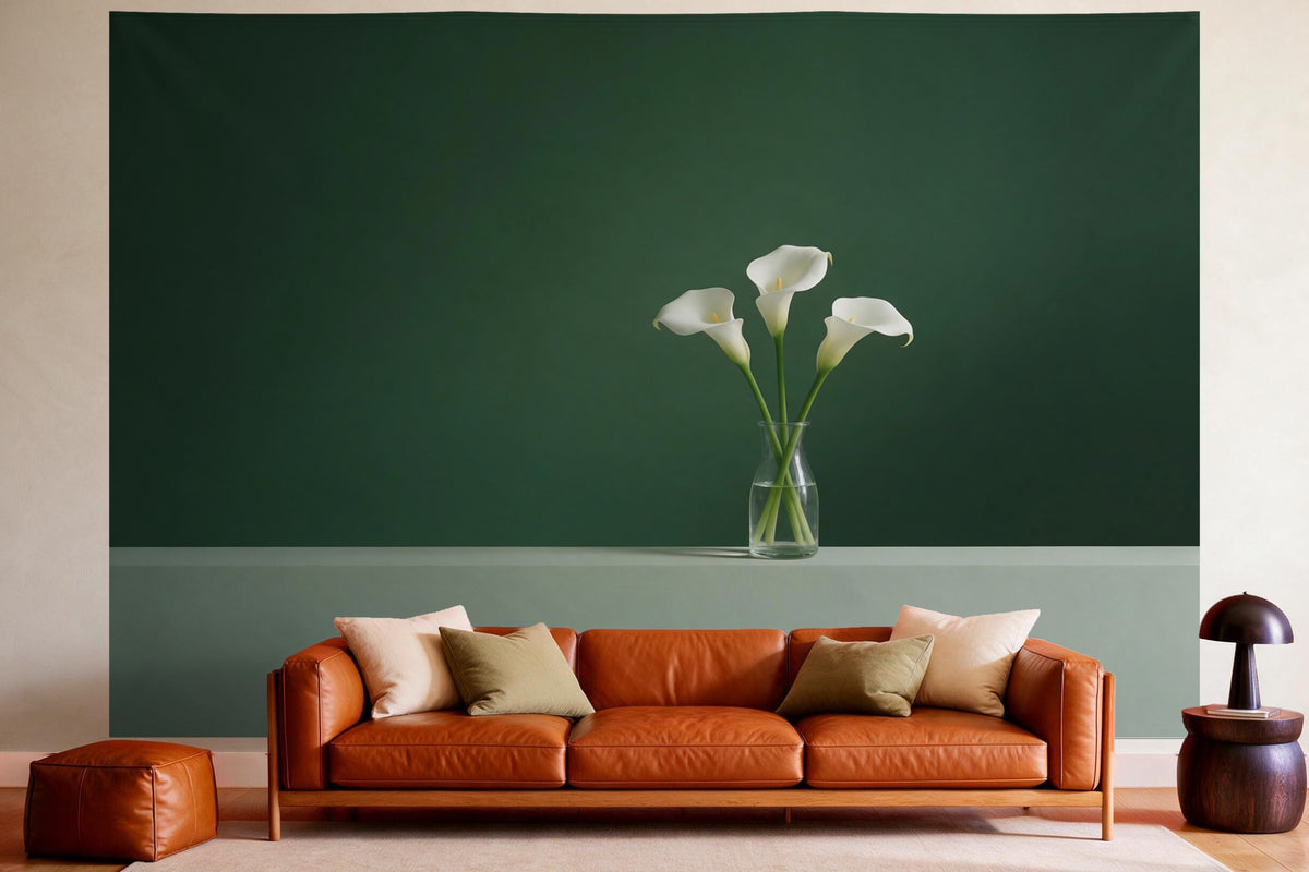 Tapiz de pared XXL Calas blancas sobre fondo oscuro como decoración en un salón acogedor sobre el sofá de cuero