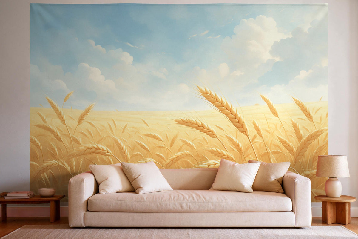 Tapiz de pared XXL Campo de trigo con espigas doradas en ilustración como decoración en un salón luminoso sobre el sofá