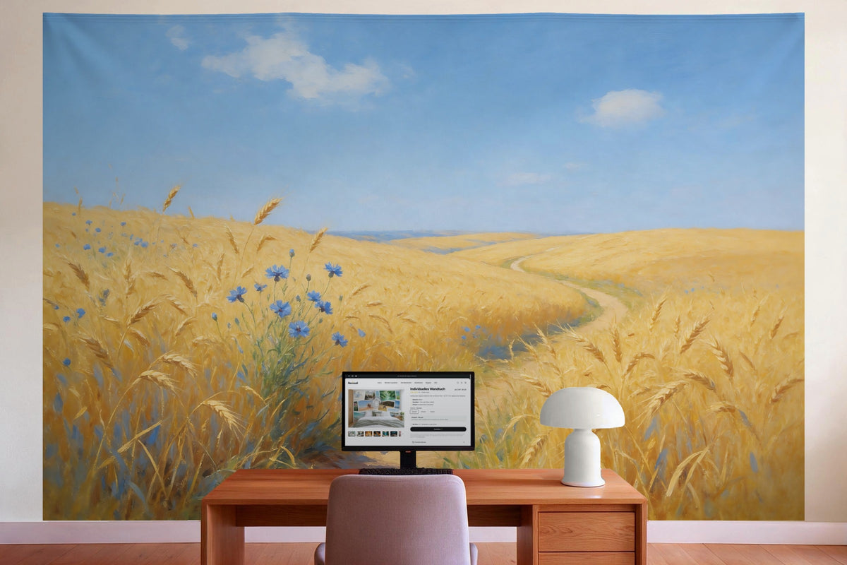 Decoración de pared en la oficina detrás del escritorio: tapiz de tela Campo de trigo con acianos en óleo