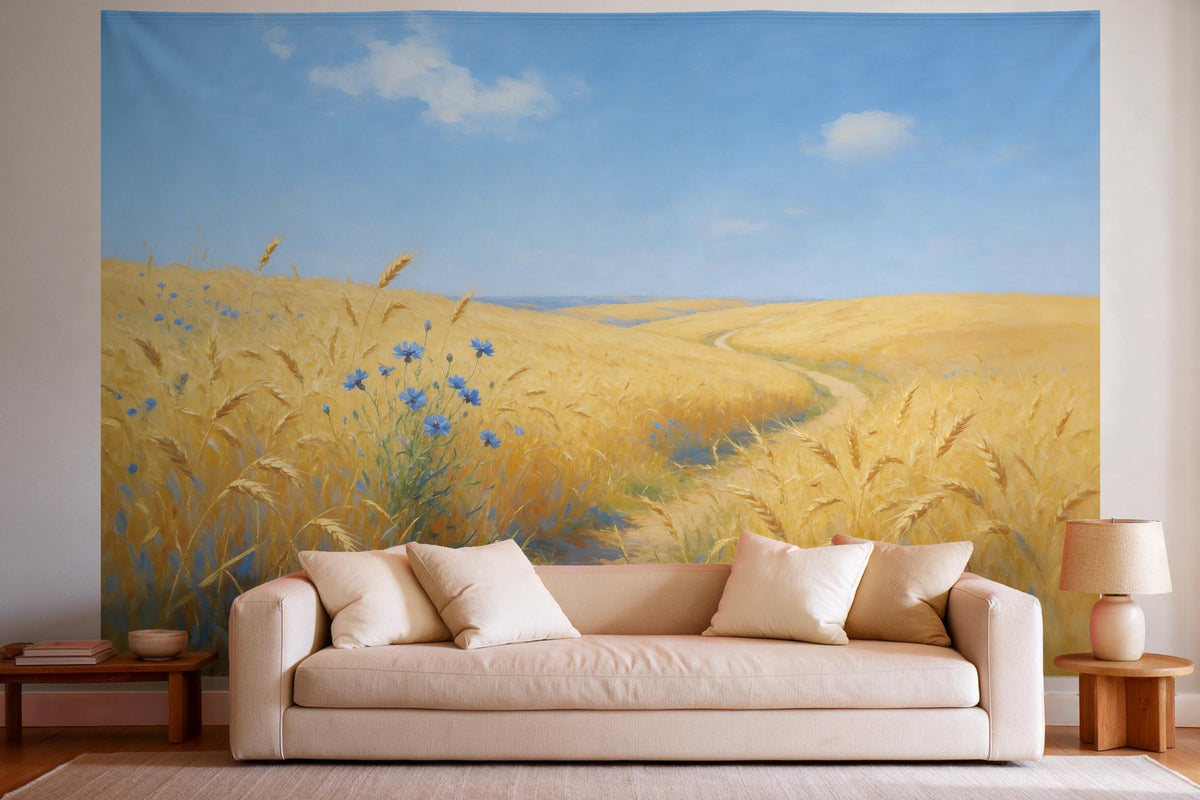 Tapiz de pared XXL Campo de trigo con acianos en óleo como decoración en un salón luminoso sobre el sofá