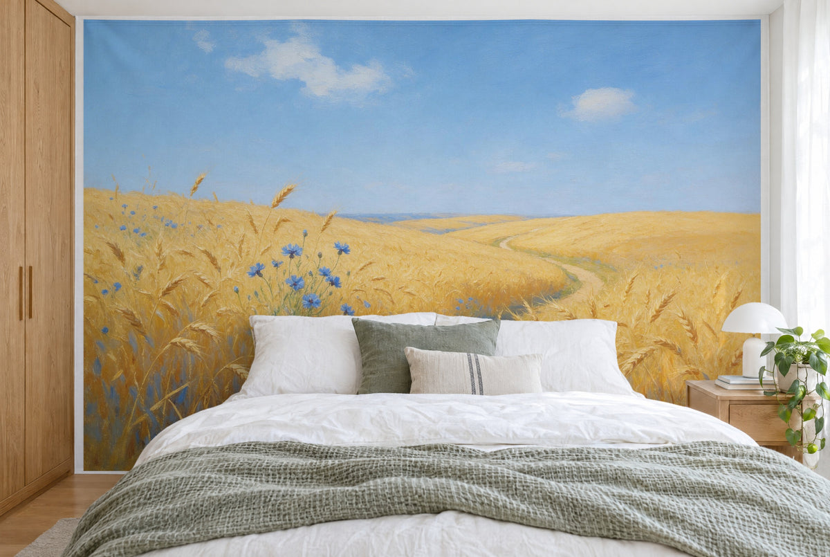 Bedruckter Stoff im XXL-Format: reifes Weizenfeld, blaue Kornblumen und Weg zum Horizont, wandfüllend hinter dem Bett