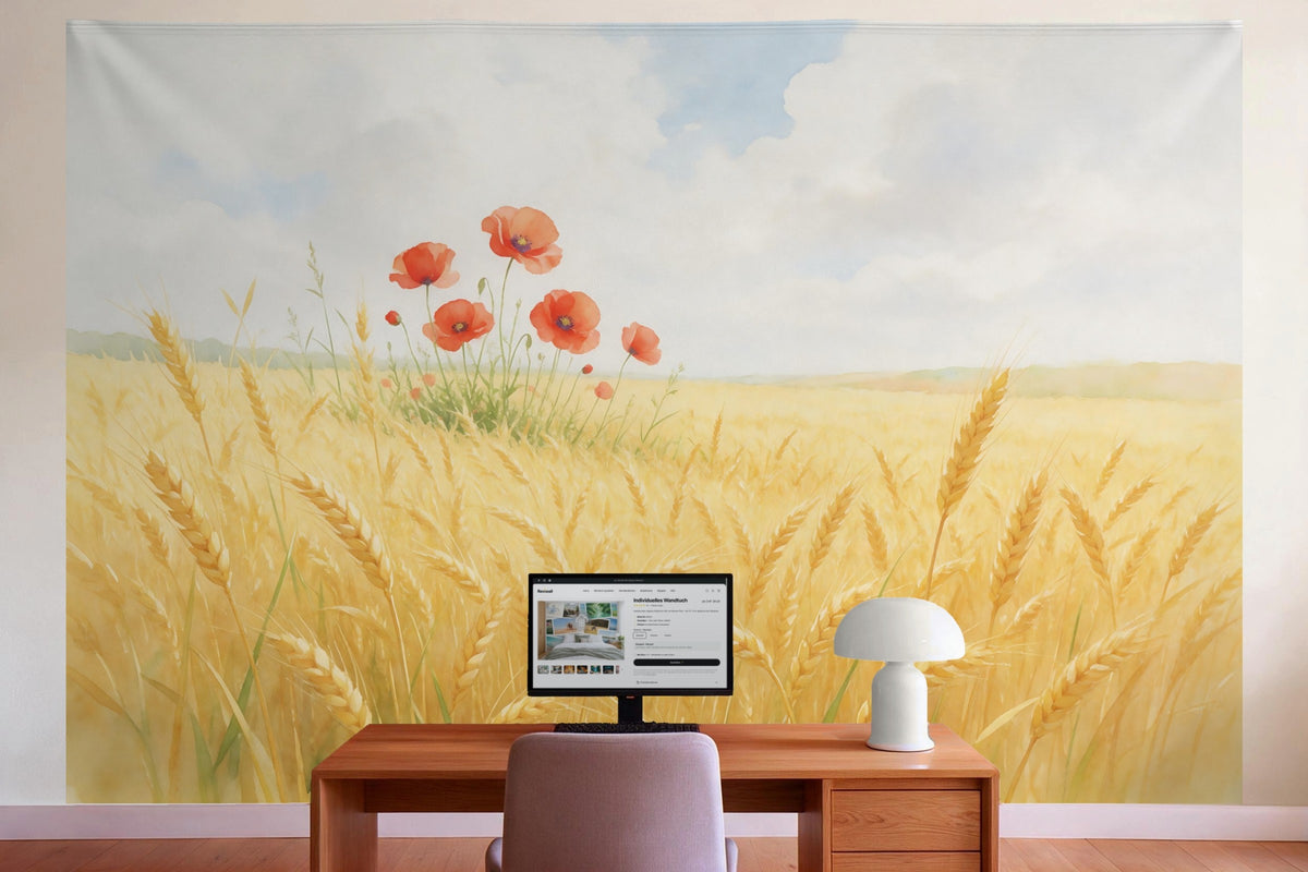 Decoración de pared en la oficina detrás del escritorio: tapiz de tela Campo de trigo con amapolas al borde del campo