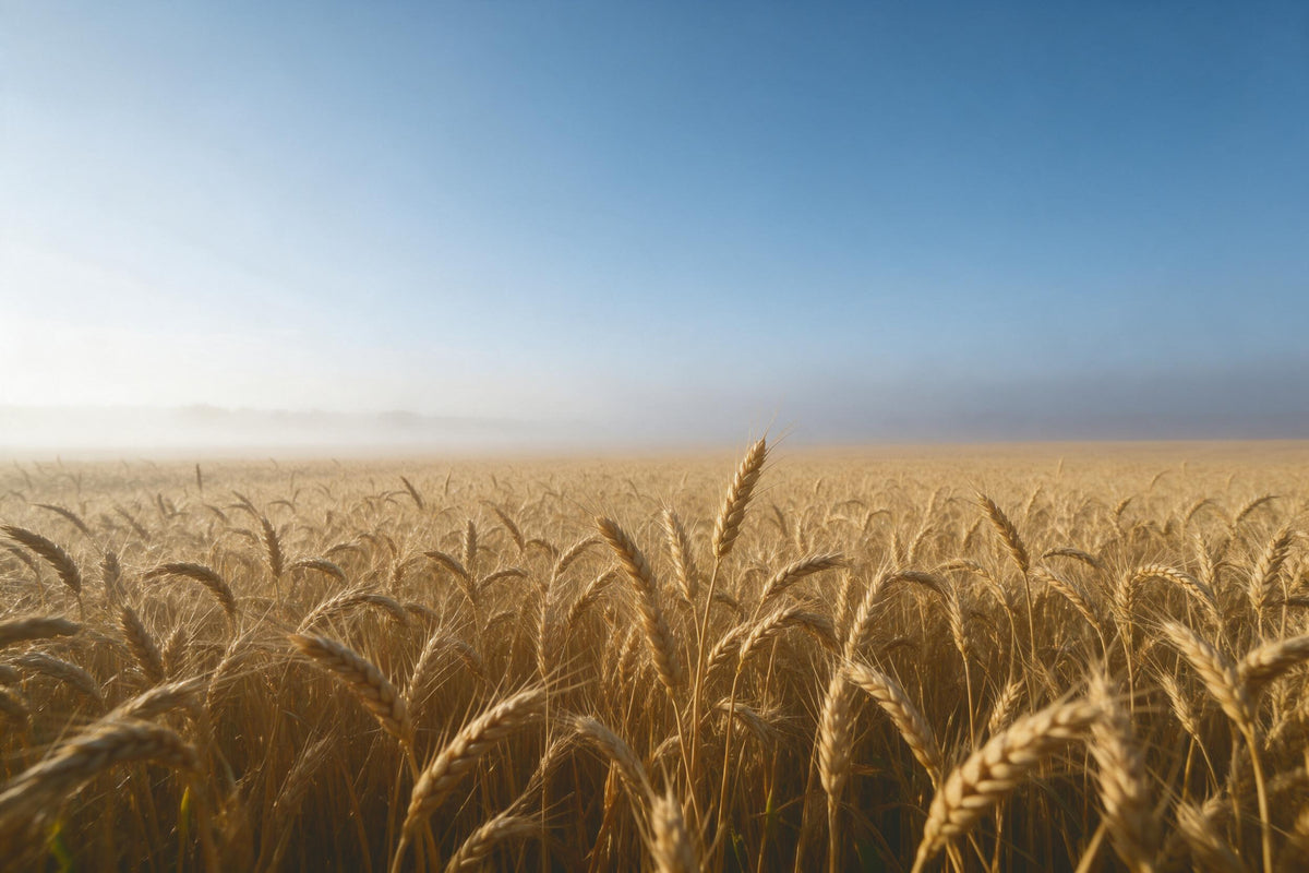 Campo de trigo con espigas doradas y bruma en el horizonte, tapiz impreso en tela – dorado y azul
