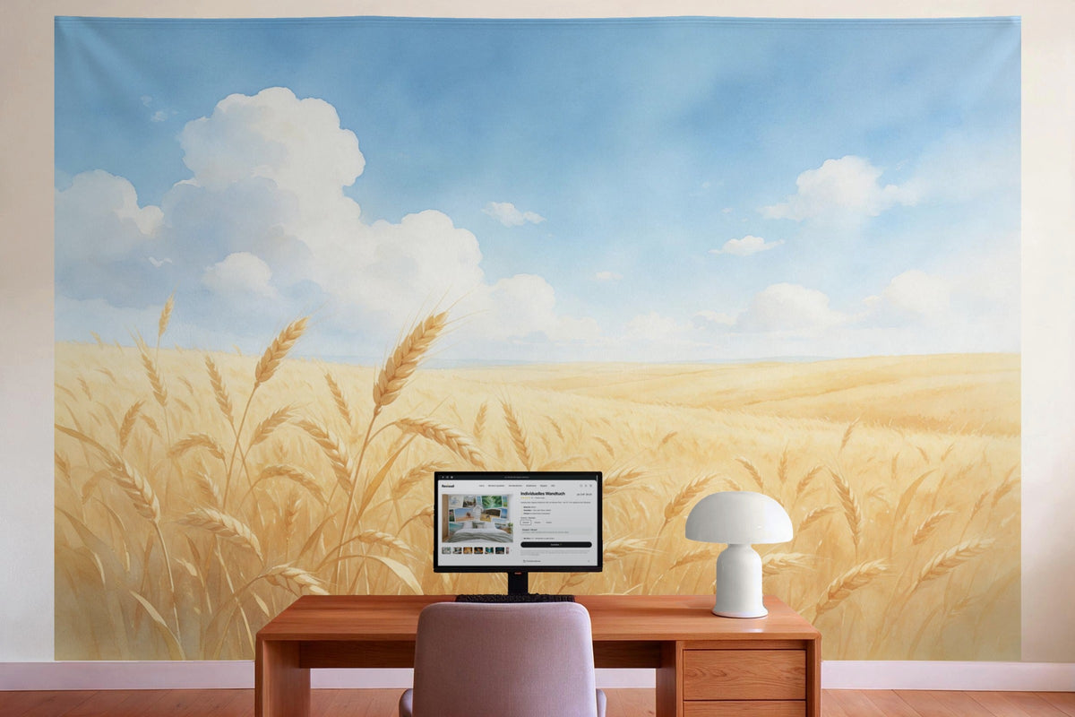 Decoración de pared en la oficina detrás del escritorio: tapiz de tela Campo de trigo bajo el cielo de verano